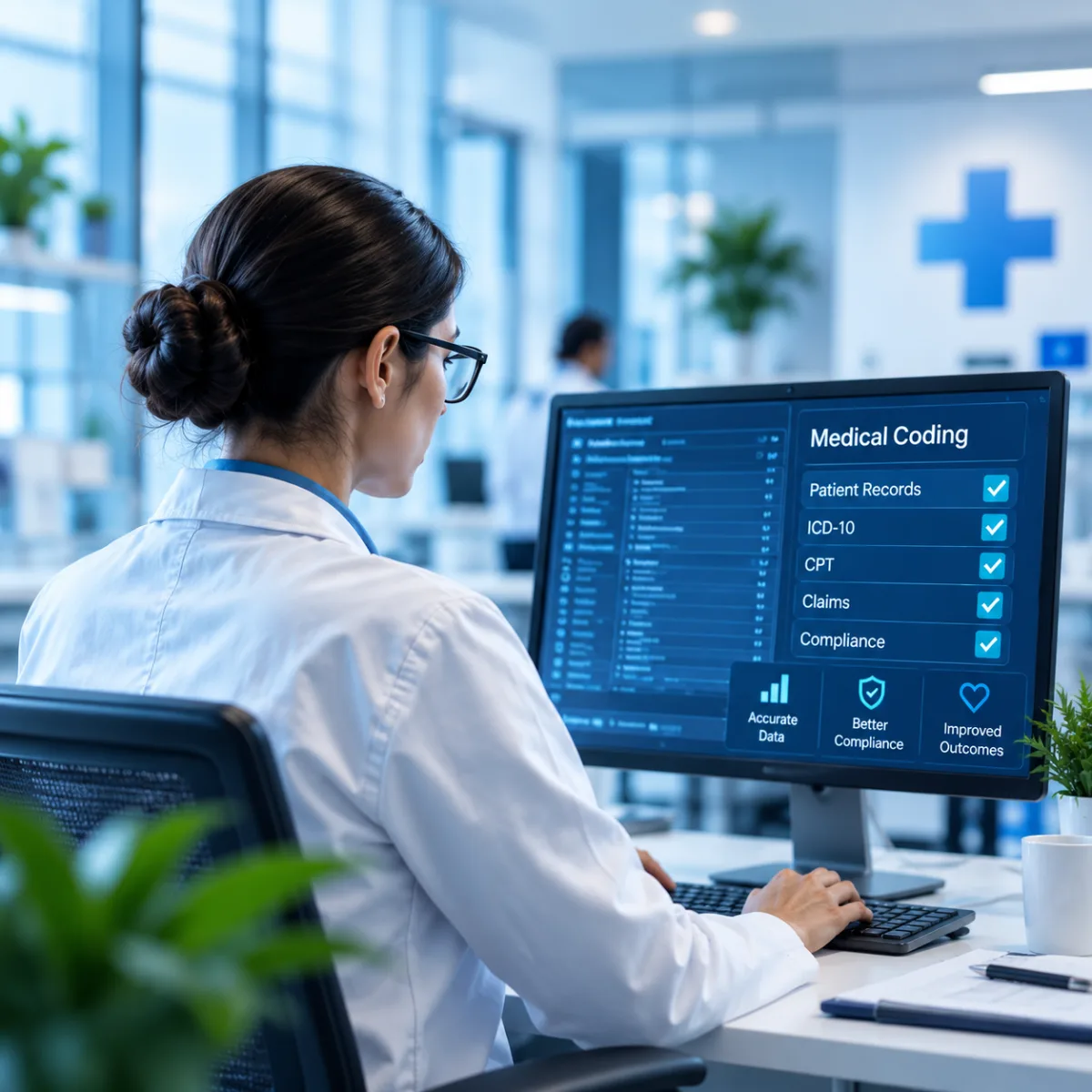 A medical coder reviewing patient records, ICD-10, CPT, claims and compliance at a workstation